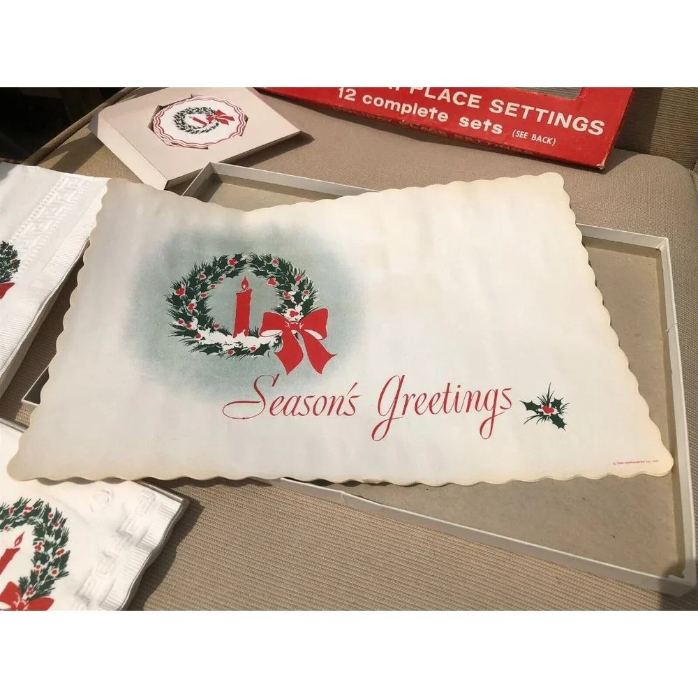 VINTAGE HOFFMASTER CHRISTMAS NAPKINS PLACEMATS COASTERS IN ORIGINAL BOX 1962